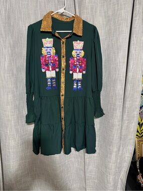 Green Nutcracker Sequin Tunic Dress with Gold Trim Size Adult L NWOT